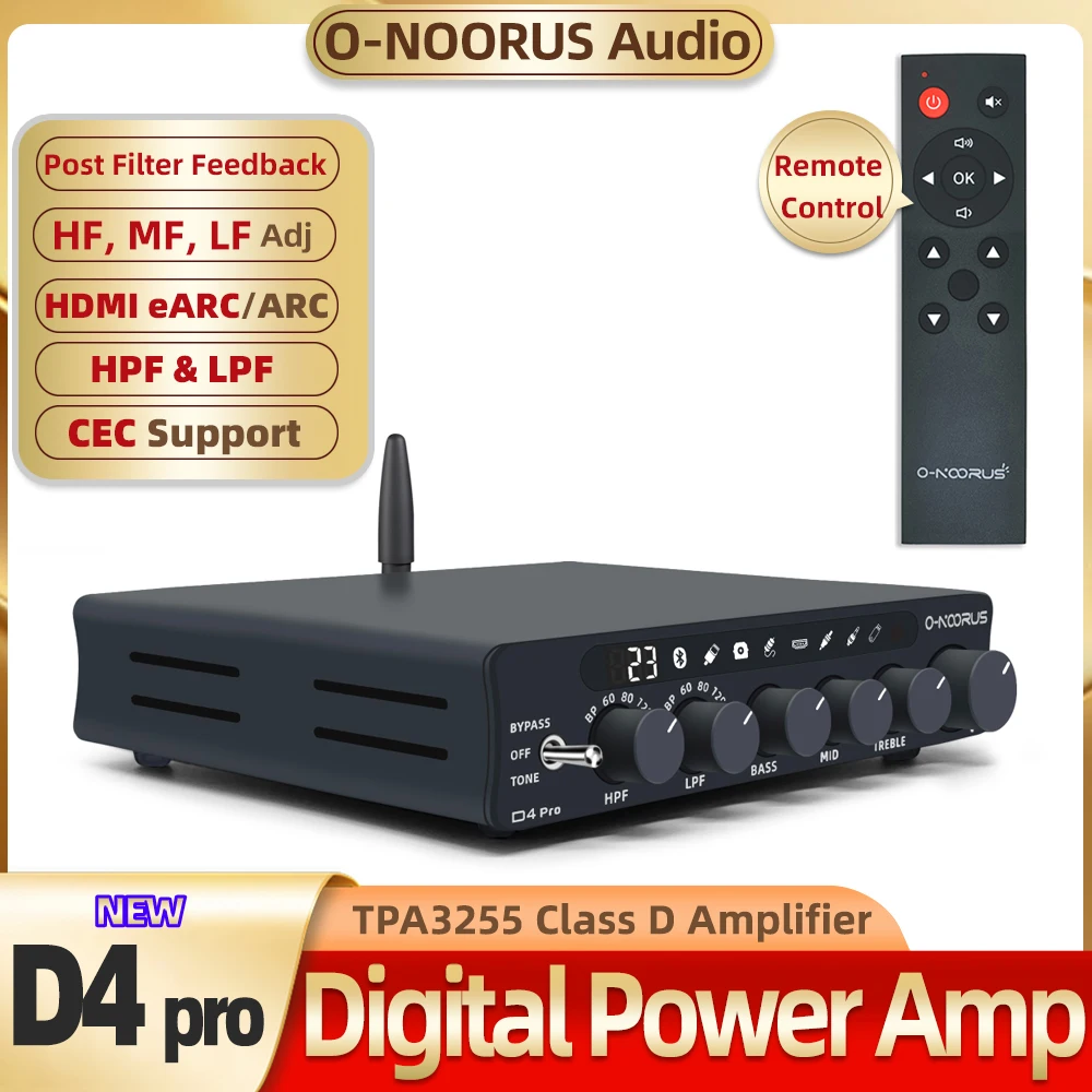O-NOORUS D4 PRO TPA3255 PFFB Stereo High-pass Filter and Low-pass Filter Amplifier with Balance HDMI EARC/ARC Bluetooth USB Opti