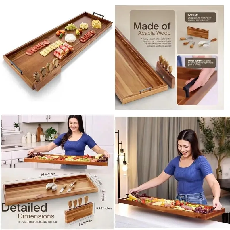 for 36 Large Deli Tray with Handle & 4 Knives Set Extra Long Wooden Service Cheese Board Service Acacia Platter