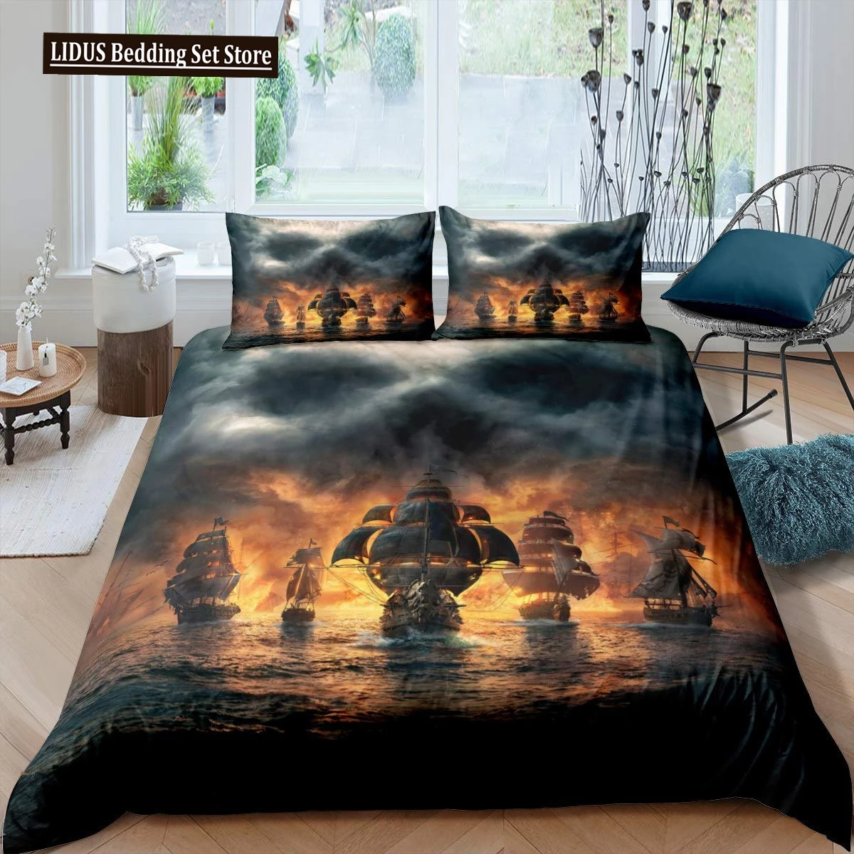 Pirate Duvet Cover Set Queen Sailboat Comforter Set Nautical Ocean Bedding Set Cool Style Quilt Cover Wave Print Decor Bedspread