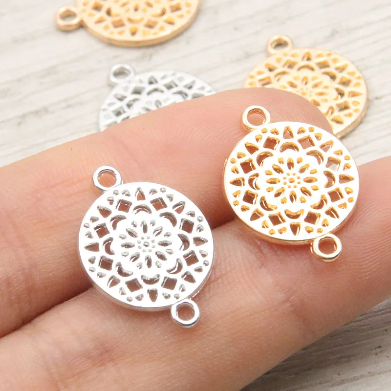 30PCS 14*20mm 2022 New Product Two Color Hollow Flower Charms Round Plant Connector Jewelry Metal Alloy Jewelry Marking