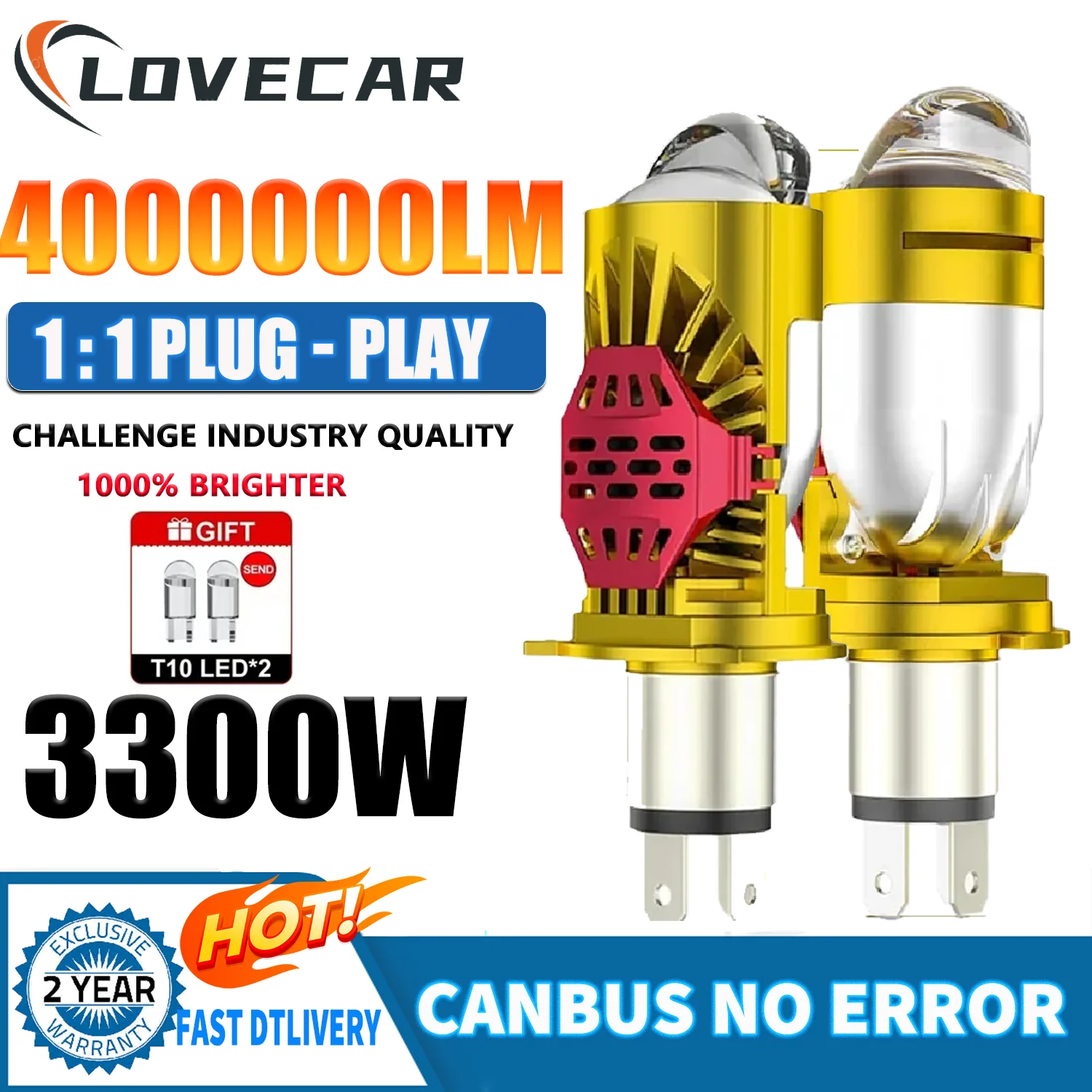 

LOVECAR 3300W Bi LED H4 Mini Projector Lens LED High Low Beam Headlight Bulbs 12V Plug&play 6500K for LED Lighthouse Fog Lamp