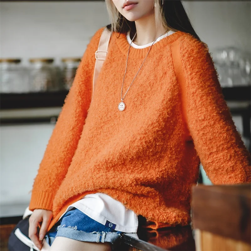 Maden Women\'s Vintage Pullover Orange Sweater Autumn/Winter Round Yarn Knitted Warm Sweater Underlay