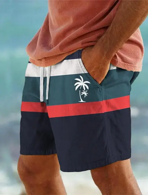 Palma w paski dla mężczyzn z nadrukiem 3D spodenki plażowe kąpielówki elastyczny sznurek do ściągania talii Aloha hawajski styl wakacyjnej plaży