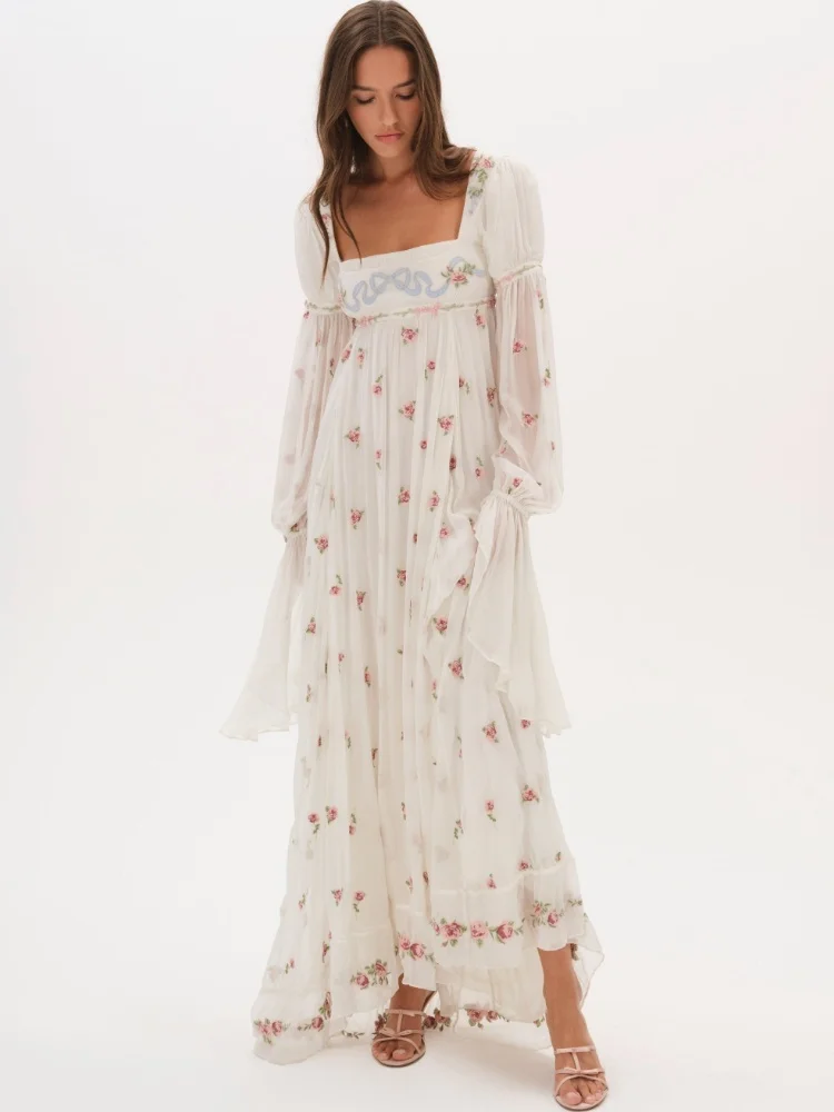 Cottagecore Blumen-Maxikleid für Damen mit Quadratischem Ausschnitt, Langen Puffärmeln, Empire-Taille, Chiffon, Fließendes Vintage Boho Hochzeitsgast-Kleid – Detail 5