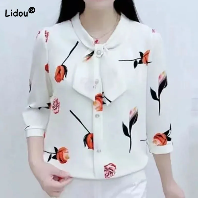 

Women's Fashion Printed Spliced 3/4 Sleeve Blouse Commute Casual Korean Chiffon Single-breasted Shirt Summer Female Clothing