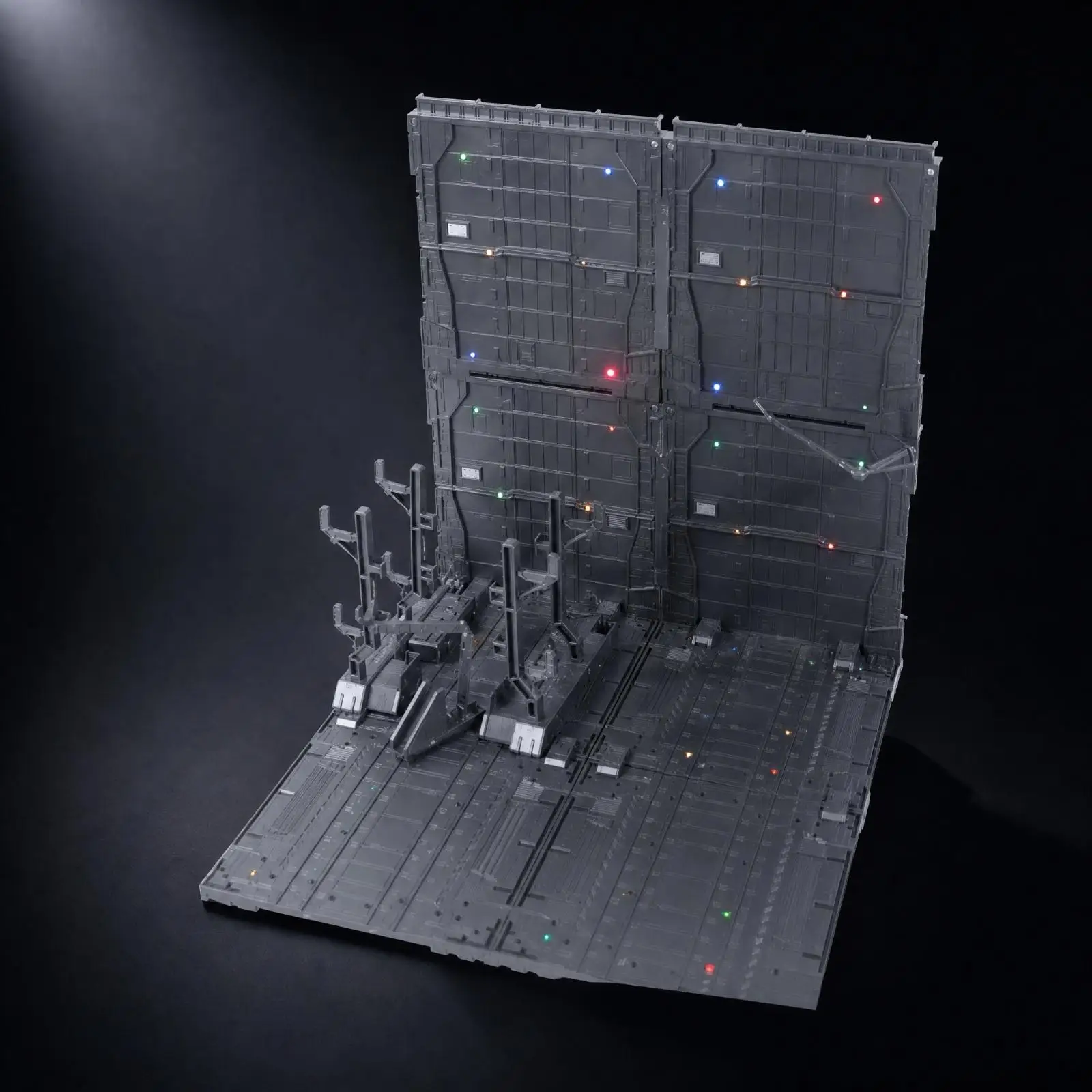 Gray Industrial Type Display Base for DIY Hangar Diorama with LED Illumination and Elevated Sections for Action Figure Collector