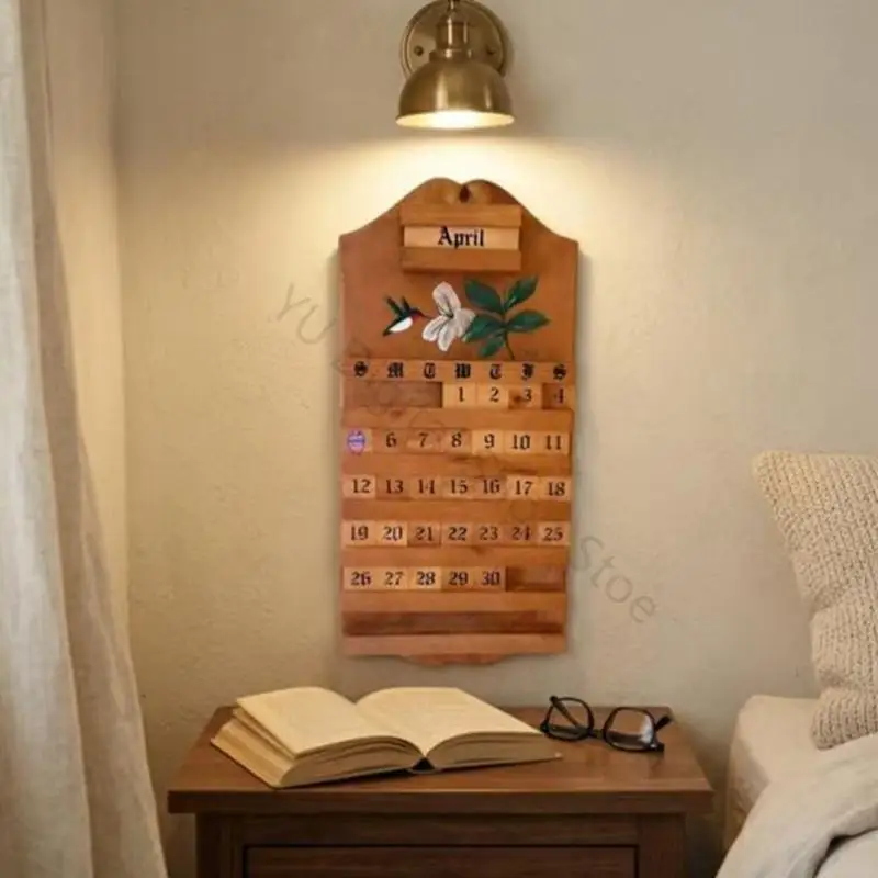 96BA Dauerhafter Wandkalender aus Holz mit anpassbaren Datums- und Monatsblöcken für den Schreibtisch – Detail 3