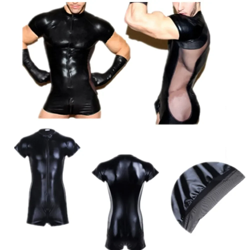 

Black Wetlook Latex Catsuit Leather Man Jumpsuits S-3XL Stretch PVC Mesh Bodysuits Sexy Clubwear Men Open Crotch Vinyl Body Suit