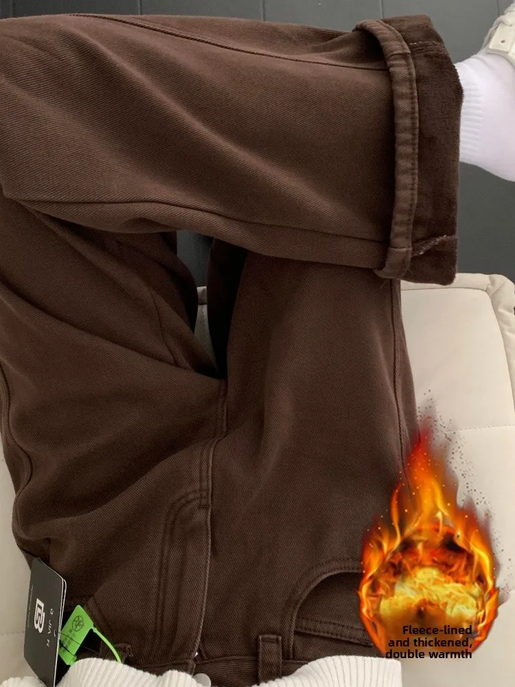 

Ce Brown Fce Lined Thi Прямые джинсы женские осенне-зимние свободные утягивающие широкие брюки больших размеров длиной до пола