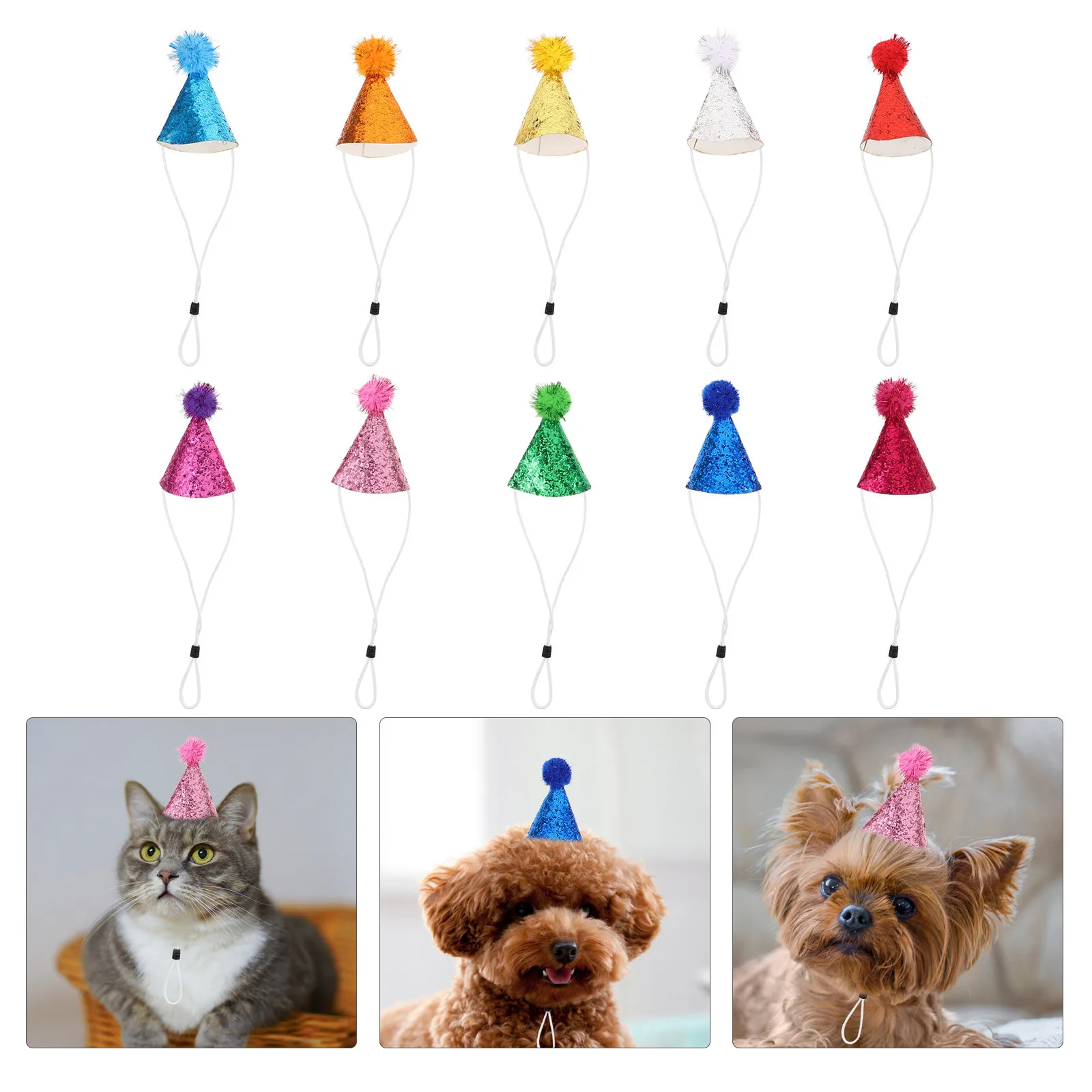 

10Pcs Pet Birthday Hat Glitter Pom Pom Cat Dog Party Hat Adjustable Comfortable for Birthday Party Pet Accessories