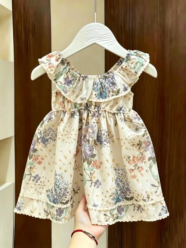 Vestido Floral Casual de Verão para Meninas, Estilo Princesa, Algodão, Solto, para Férias e Festas, Moda Infantil Doce