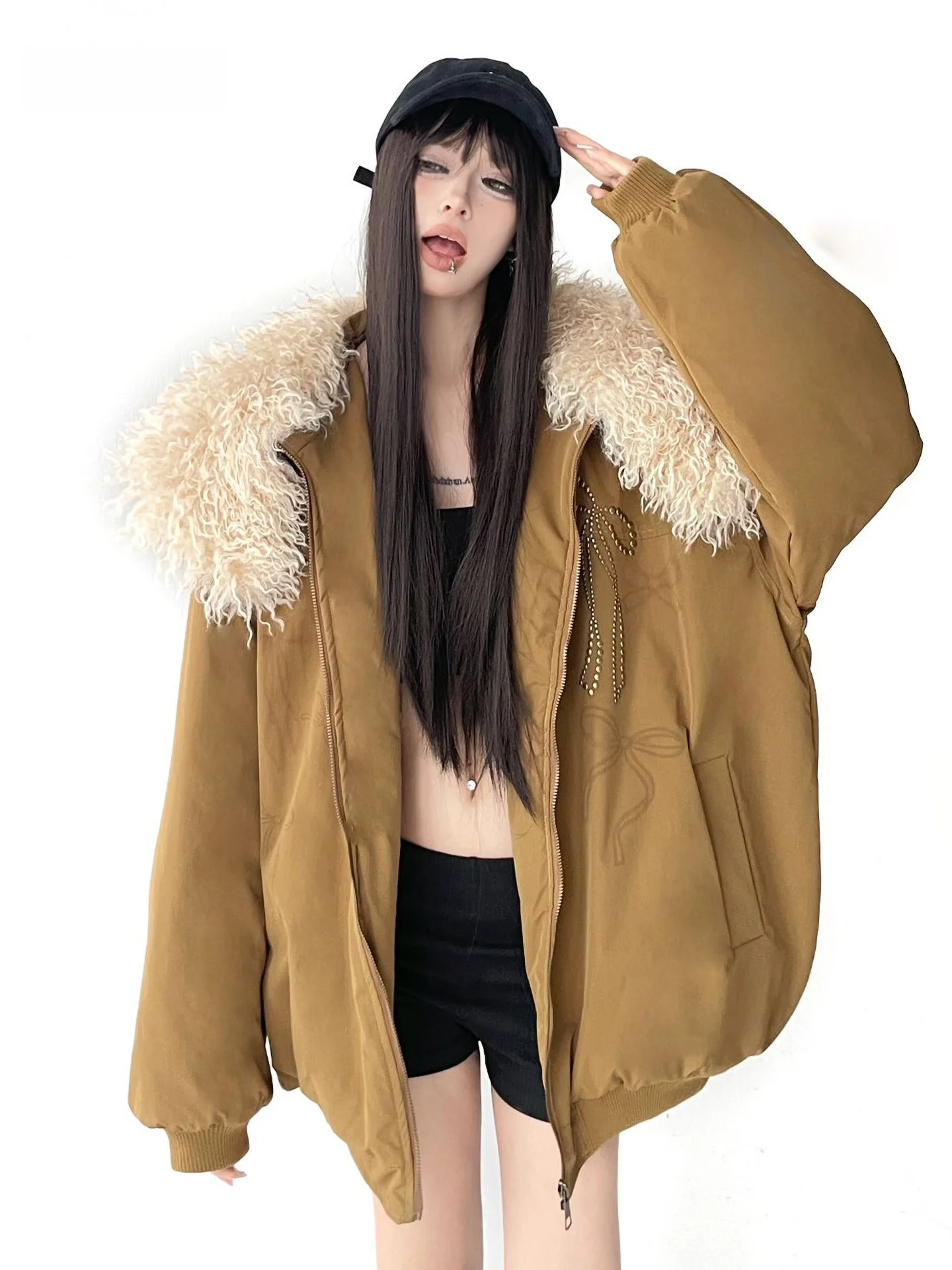 

American Retro Design Cotton Jaet Women's Winter New Loose Warm Versatile Cotton Clothes Fur Collar Street Sle Thiened ...