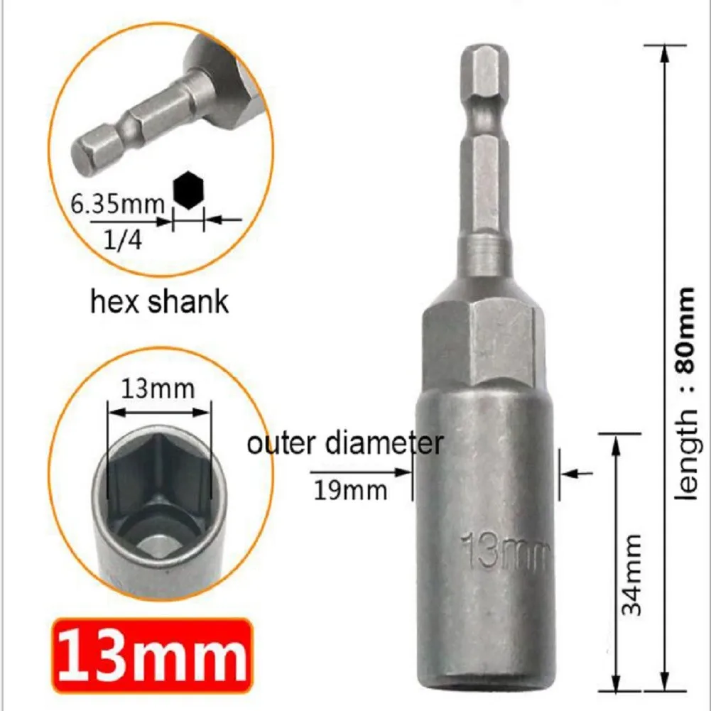 1pc 80mm Length 1/4inch Hex Hex Sockets 5.5-19mm Drive Magne Socket Im-pact Nut Bolt Drill Bits Power Drill Screw Driver Sleeve