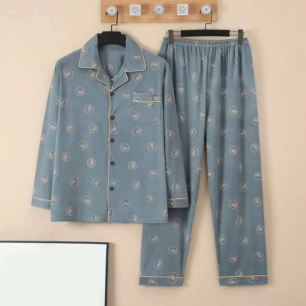 Piyama lengan panjang untuk pria, Set baju tidur setengah baya ayah musim semi musim panas, kemeja lengan panjang longgar, celana kaki lebar, pakaian rumah untuk nyaman