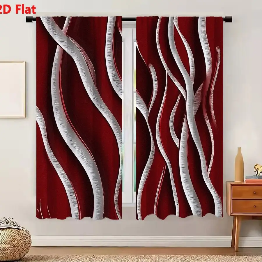 2Pcs Curtains 2D Flat White Ribbon Abstract Composition On Deep Red Background Window Drapes for Bedroom Room Decor Decoration W