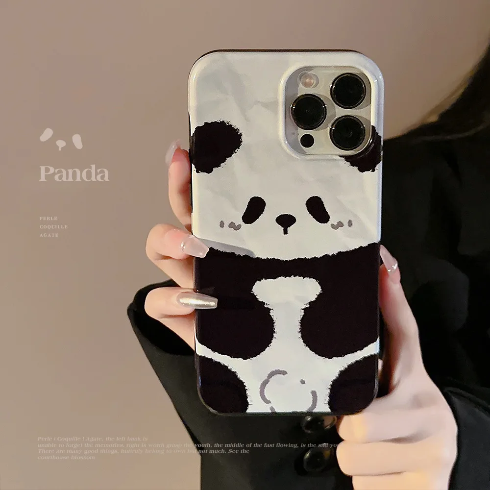 Koreanische süße Cartoon-Panda-Falten-Grafik-Handyhülle für iPhone 16 15 14 Plus 13 12 11 Pro Max, stoßfeste Schutzhülle