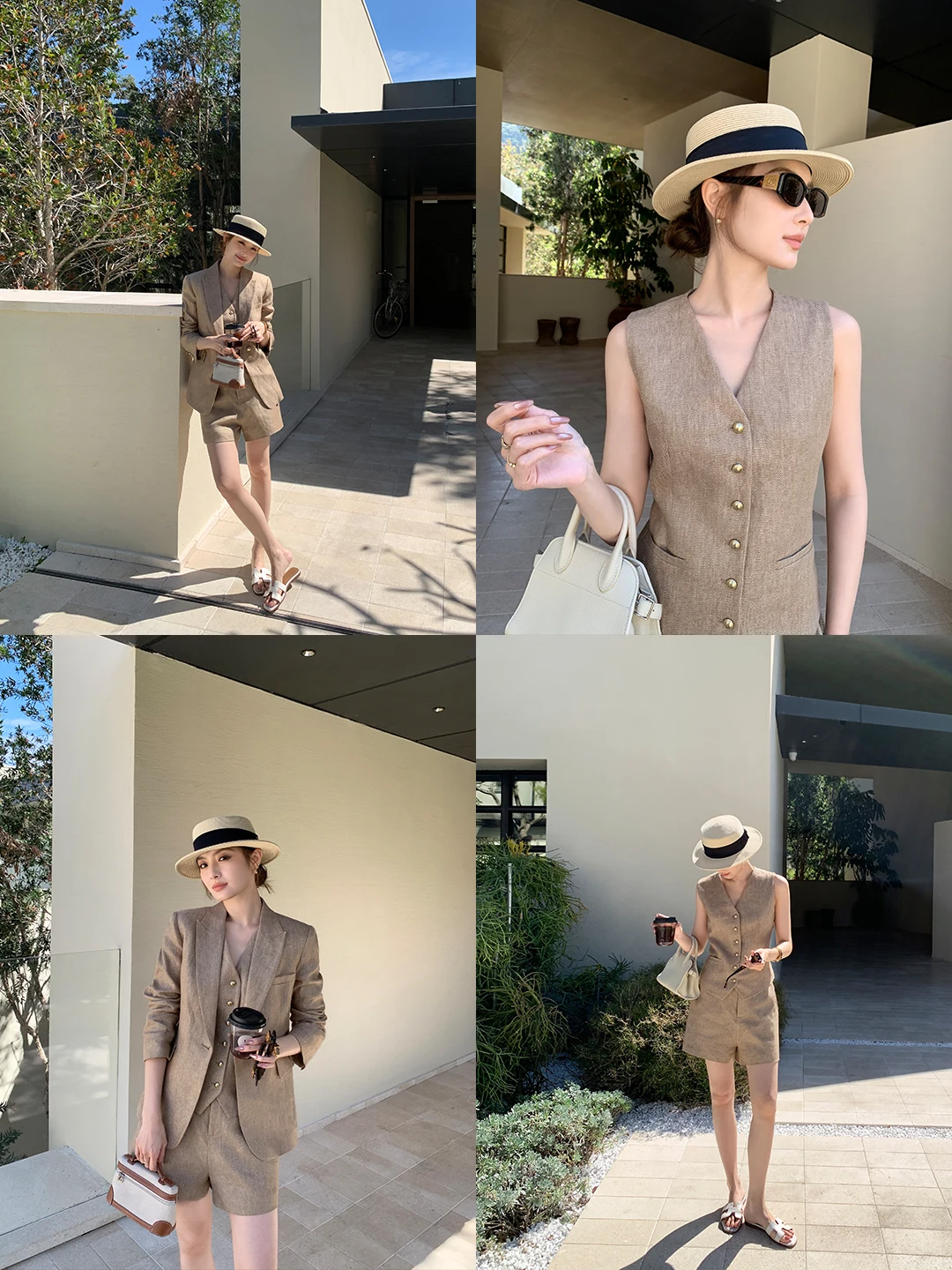 

Maven Lin Gold Tead Linen Suit Jaet Women's V-ne Casual orts Set High Waist Spring Faion Tee-piece Ensemble