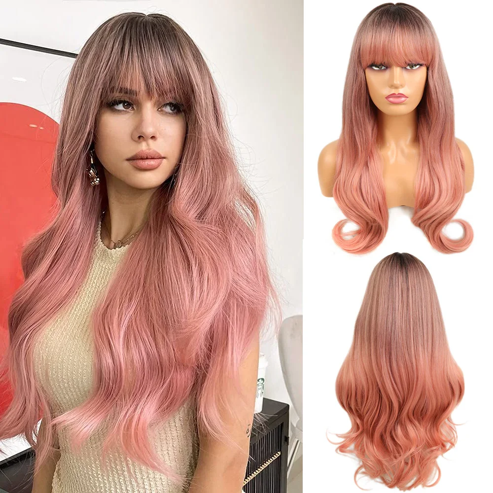 

Synthetic Hair Wigs with Bangs Pink Long Wavy Cosplay Lolita For Women Party Daily High Density Heat Resistant
