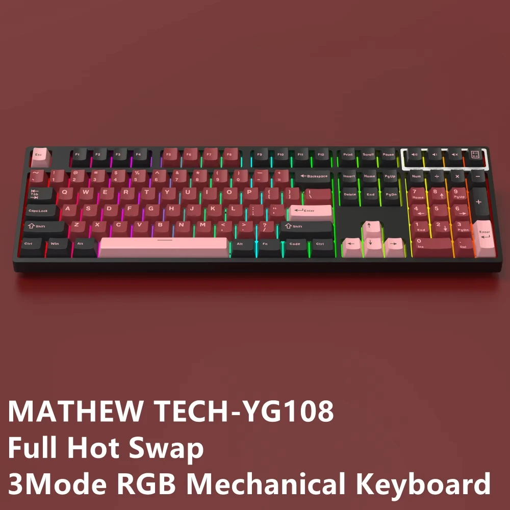 Mathew Tech YG108 Three Mode Mechanical Keyboard 108 Keys Full Size Hot Swap RGB Side Print Shine ThroughGaming Keyboard