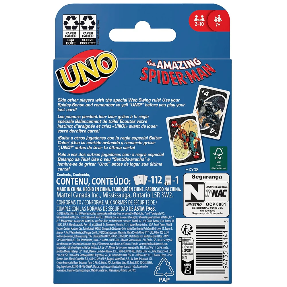 Mattel Games UNO Spider-Man Card Game for Family Night Featuring Tv Show Themed Graphics and a Special Rule for 2-10 Players