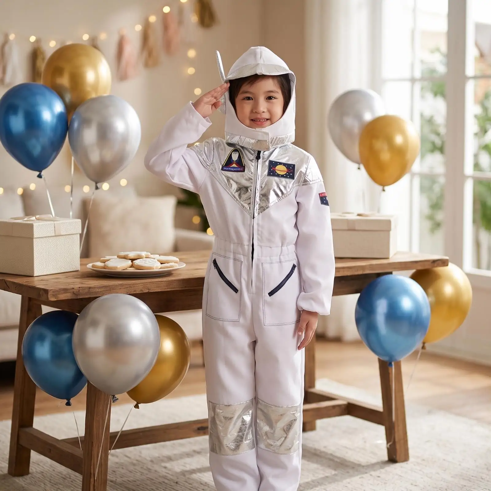 Children Astronaut Costume Jumpsuit with Hood Shiny Trim and Space Patches for Boys Girls Halloween Role Play or School