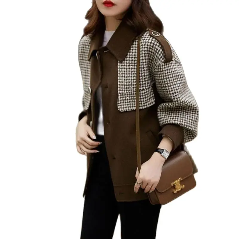 2022 Spring Autumn Jacket Women New Loose Splicing Plaid Woolen Coat Tops Long-Sleeved Fashion Outerwear Casual Jackets Female