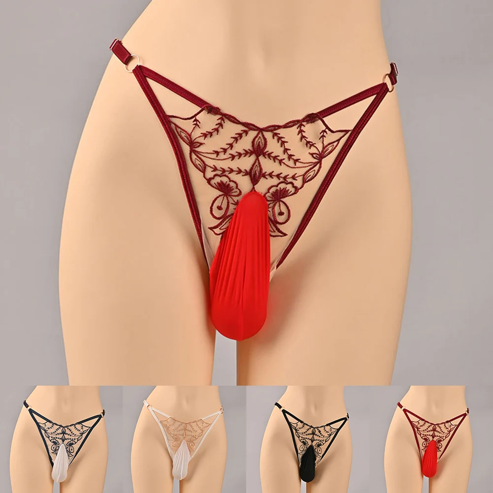 Men Romantic Sexy Bikini Ball Pouch T Back Thong G String Lace Hollow Large Underwear Intimates Sissy Low Waist Underpant  ﻿