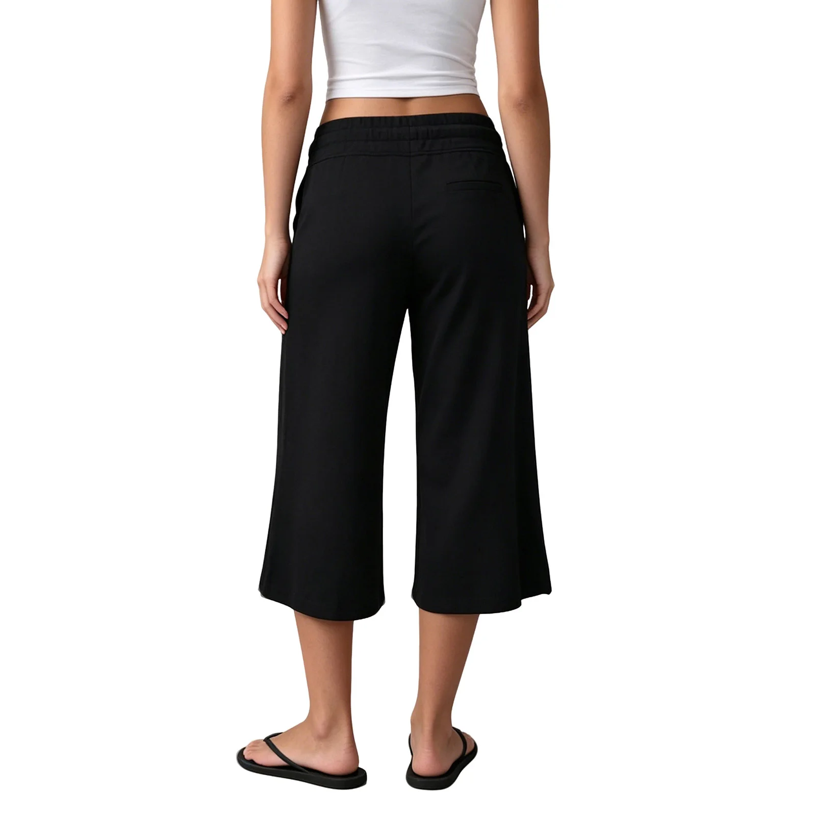 Women s Wide Leg Capri Pants Solid Color Drawstring Loose Cropped Trousers