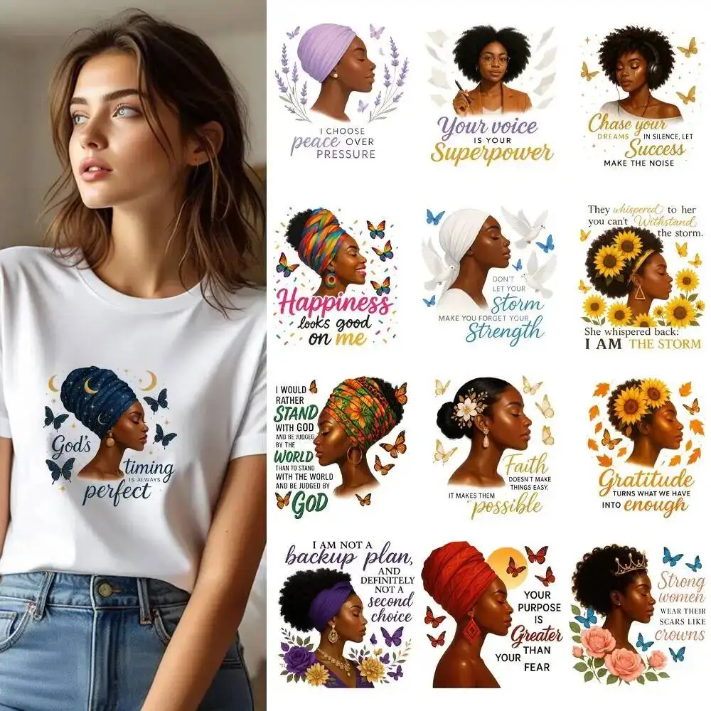25CM Inspirational Afro Flower Women Black Queen Transfer Patches For Clothes DIY A-Level Washable Shirt Iron-on Thermal Sticker