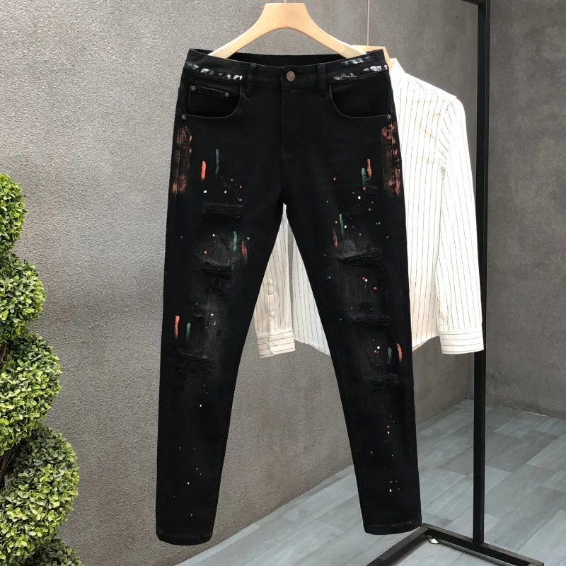 

Trendy fiti Paint Splatter Denim Jeans Men's Slim Fit Hole Versatile Men's Long Pants Faionable Wear Resistant Sinkage