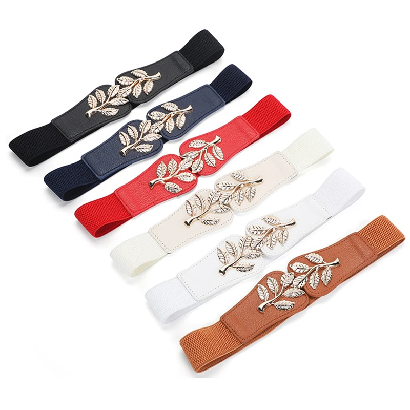 1Pc Women's Elastic Slimming Belt Retro Metal Leaf Fashion Decorative for Ladies Dress Shirt Windbreaker Leather Waist Sealing