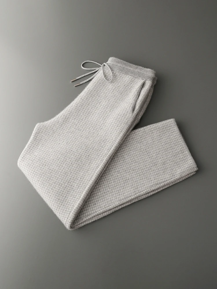 Men's 100% Cashmere Wide Leg Pants Autumn Winter Jacquard Thicken Trousers Casual Knitted Houndstooth Pockets Drawstring Pants