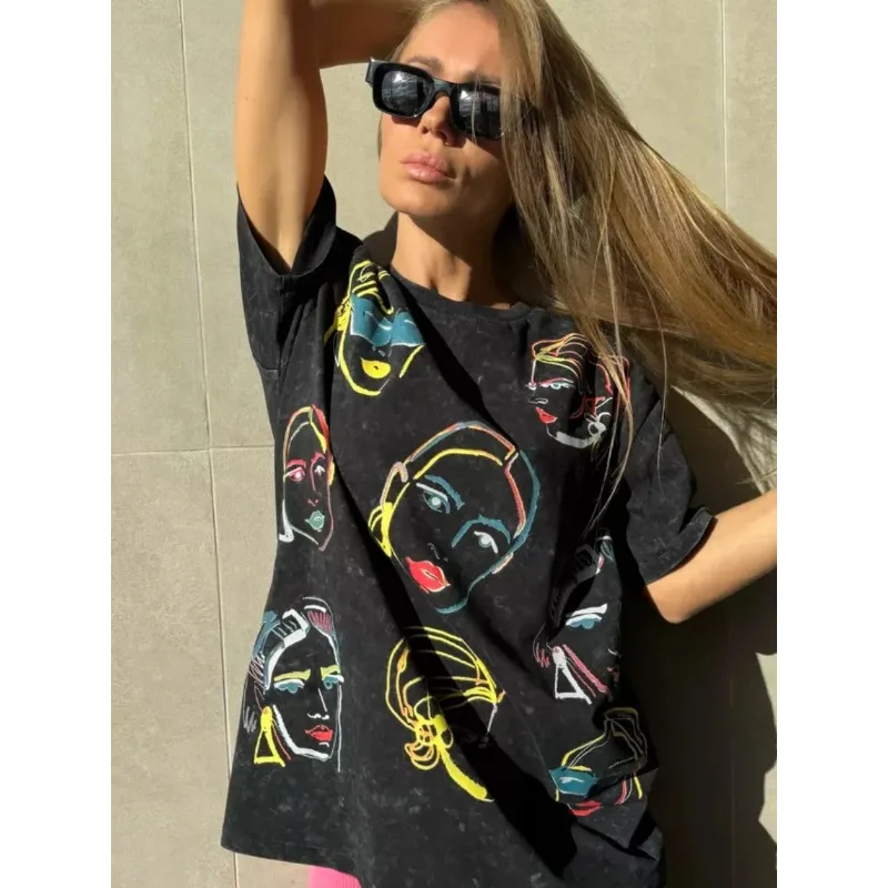 Women's Retro Washed Black Portrait Print Oversized Cotton T-shirt