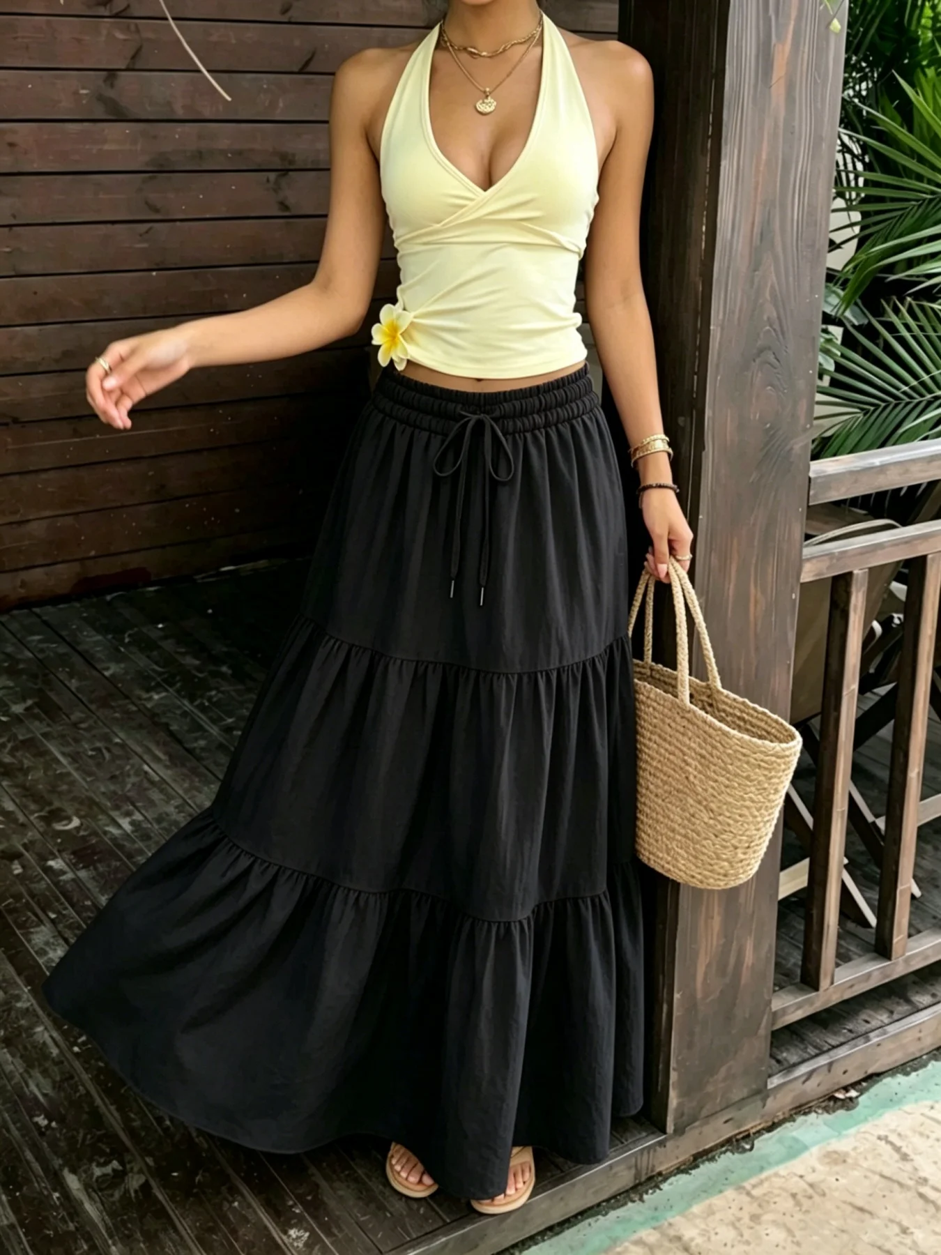 Damen-Maxirock mit Stufen, elastischem Kordelzug, hoher Taille, Rüschen, fließendem A-Linien-Schnitt, langer Rock, lässiger Boho-Strand-Sommerrock für Frauen – Detail 1