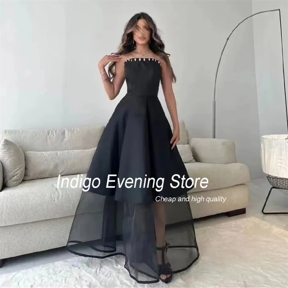 Indigo Elegant A-Line Prom Dresses Strapless Sleeveless Satin Beading Open Back Evening Gown Women Robes De Soirée Customized