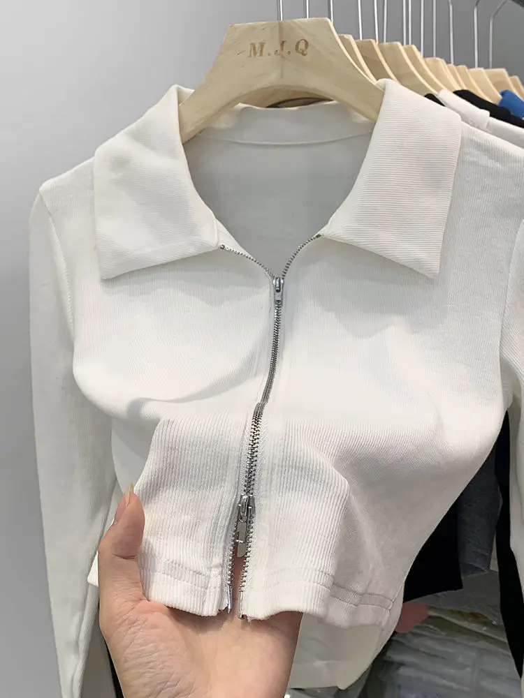 سترة نسائية محبوكة بياقة بولو وسحاب مزدوج قصيرة الطول لفصلي الربيع والخريف بتصميم عصري على الطراز الكوري ضيقة بلون واحد #5