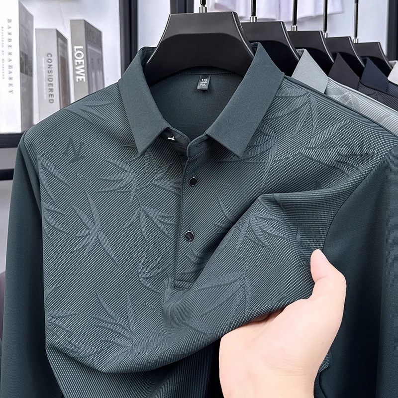 New Men's Business Casual Long Sleeved Shirt Bamboo leaf pattern Polo Shirt Fashionable Breathable Comfortable Versatile Top