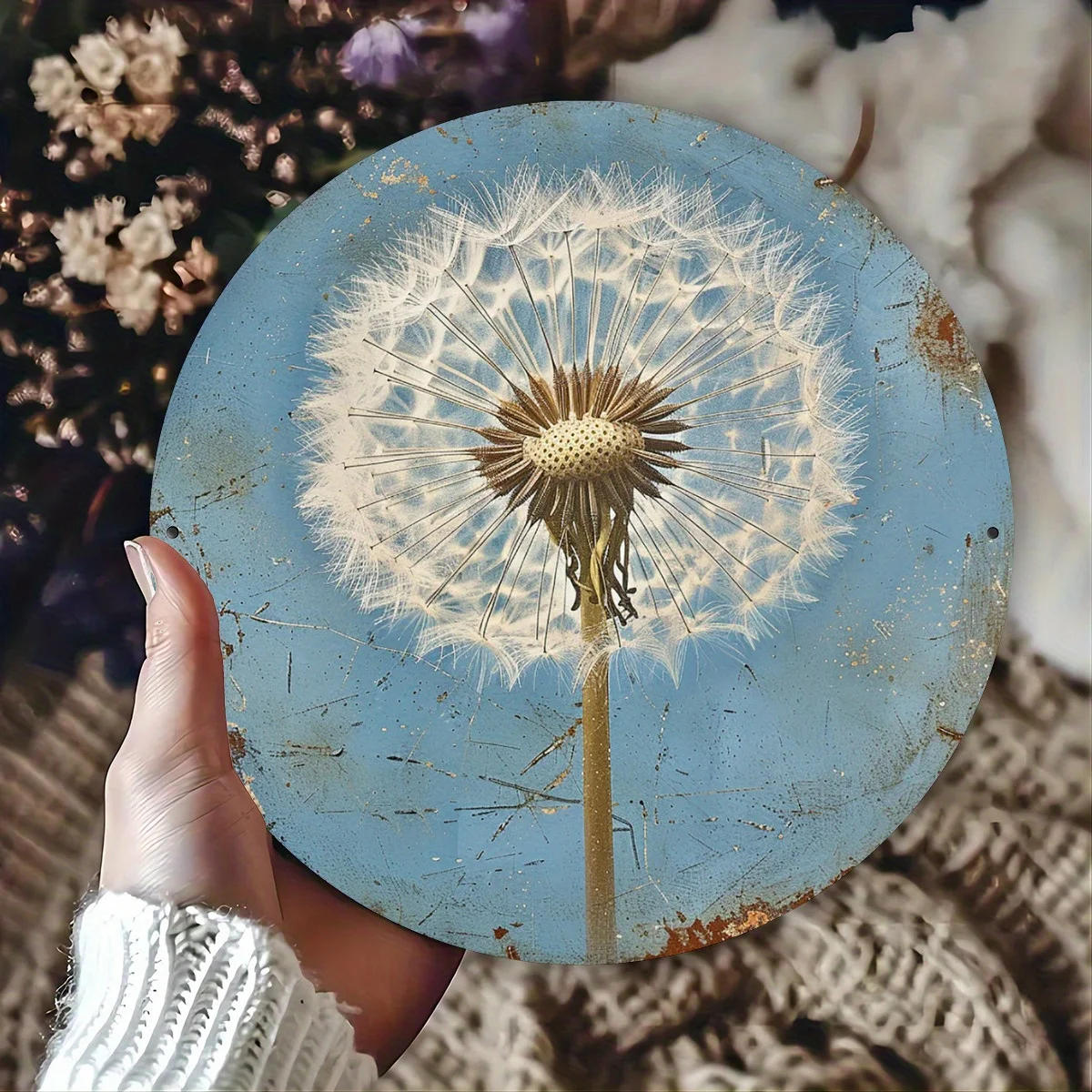 2D Flat, Vintage Dandelion Metal Wall Sign - Round Puffball Flower Decor with Seed, Rustic Indoor/Outdoor Decoration Suitable fo