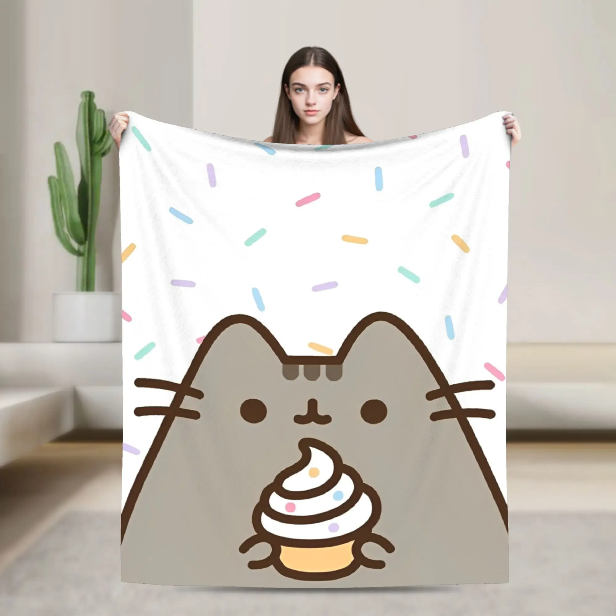 P-Pusheencats Eating Ice cream Blanket Fleece Summer Air Conditioning  Multifunction Soft Throw Blanket for Bedding Rug Piece