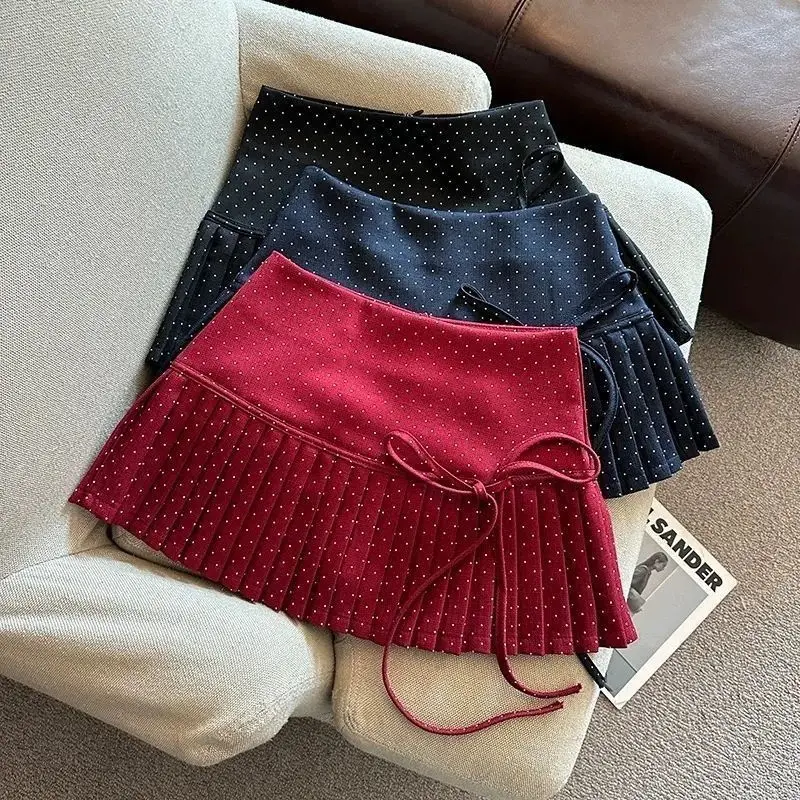 2026 Japanese Women's Pleasated Skirt Cute and Sweet A-Line Mini Skirts Summer Girls Bow Tie Strap Short Skirt Preppy Style