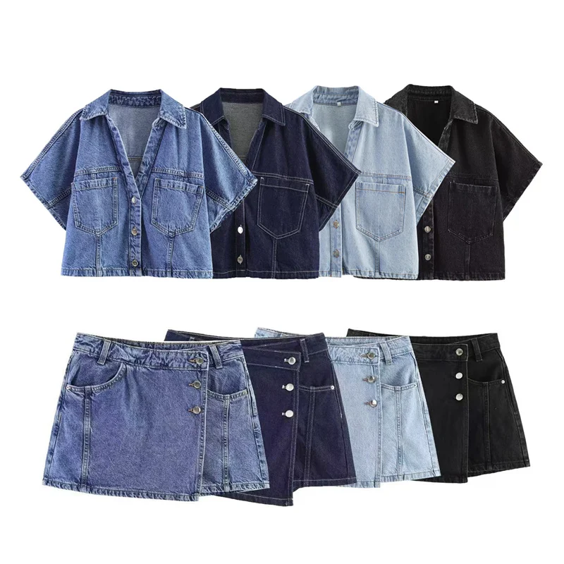 

Summer Women's Suit Short Sleeved Denim Shirts Tops Denim Skirts Pants 2026 New Fashion Shirt Shorts 2-piece Set