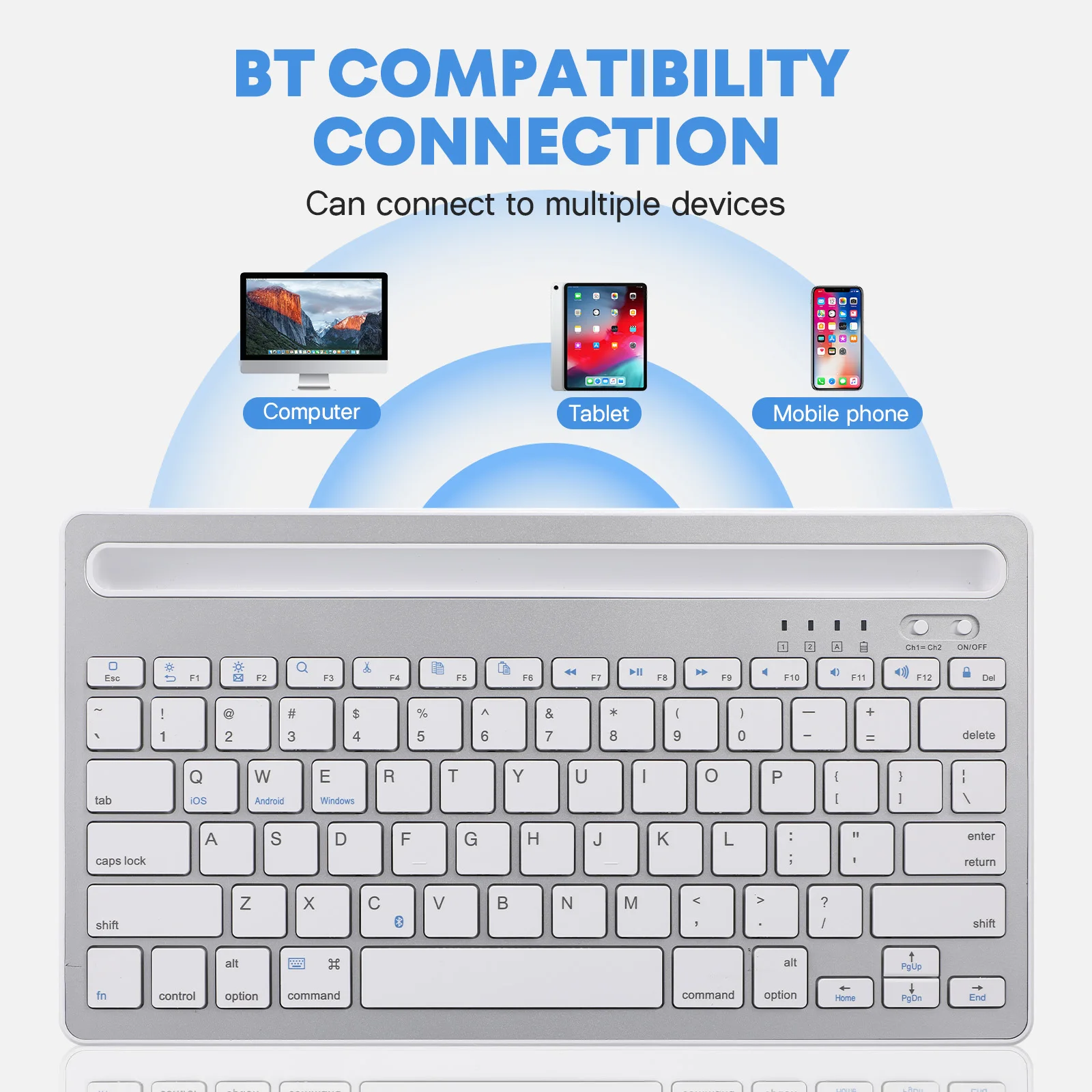 Silent Keyboard White K003C Wireless Rechargeable For Laptop Mobile Phone Tablets Noiseless Portable Multi Device Connection