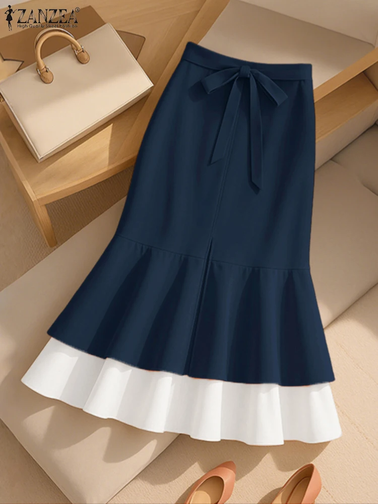 ZANZEA Herbst Hohe Taille A-line Midi Rock Elegante Frauen OL Arbeit Röcke Rüschen Saum Sommerkleid Stilvolle Patchwork Party Faldas Saia