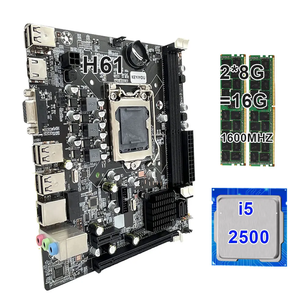 

KEYIYOU H61 Motherboard gaming kit with core 16GB(2*8) DDR3 1600MHZ Plate placa mae LGA 1155 with Core I5 2500 processor 3.3GHz