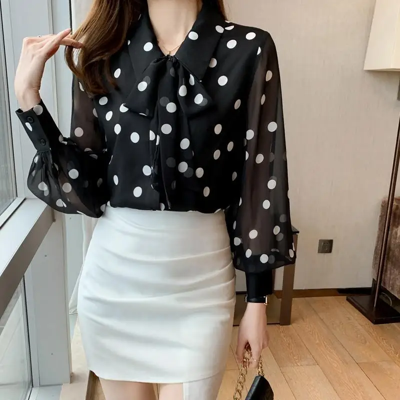 Spring Summer Polka Dot Printing Chiffon Shirt Women Fashion Turn-down Collar Bow Long Sleeve Blouse Female Single Breasted Tops