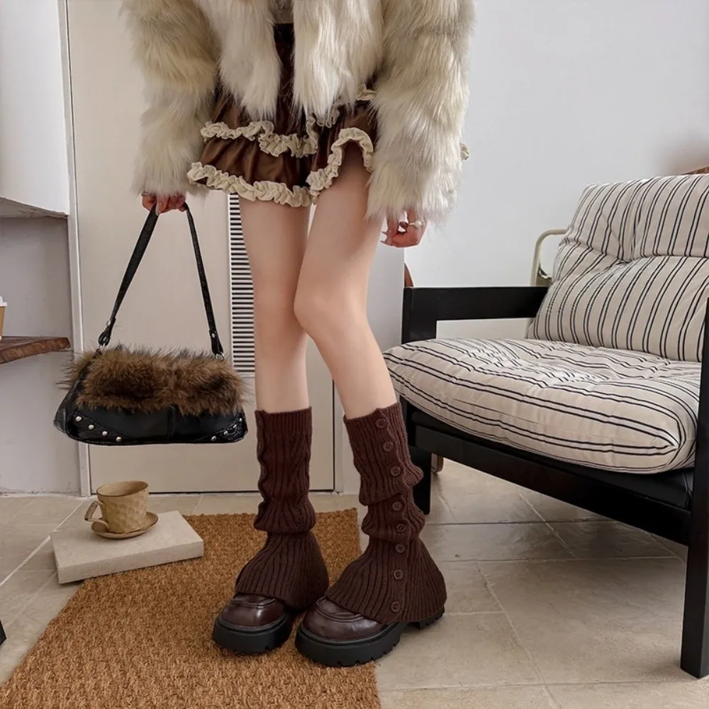 Cozy Crochet Knitted Boot Sock Sleeves Foot Cover Cable Knit Flared Leg Warmers Solid Color Soft Turned-up Button Socks Winter