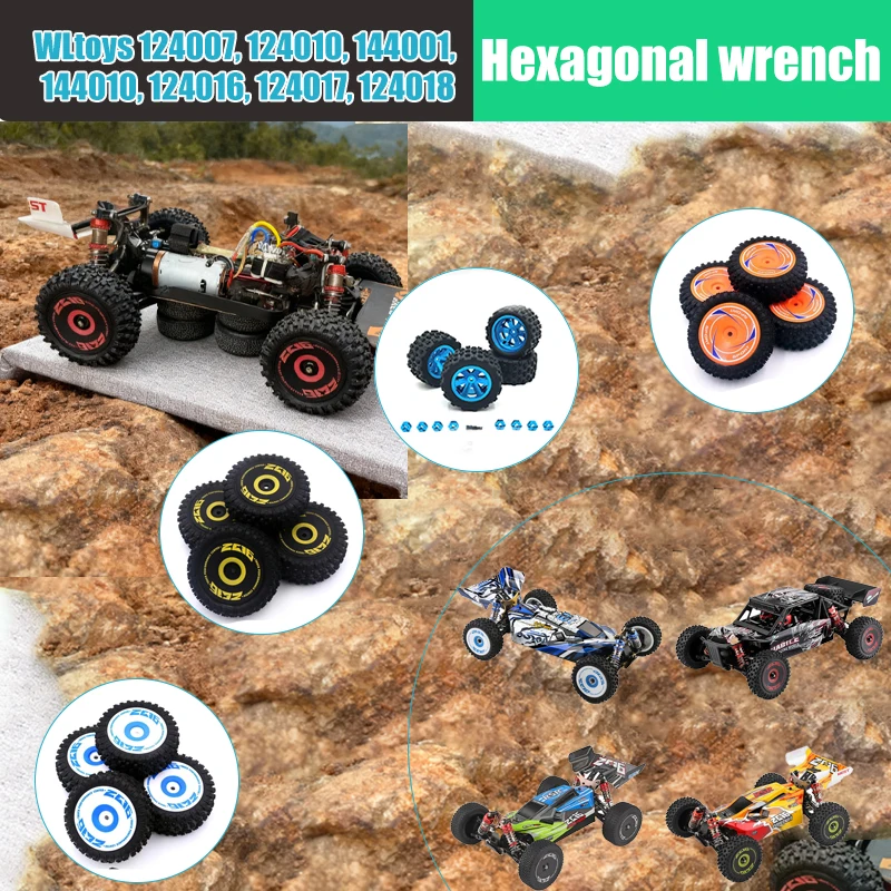 

RC Car Original Rubber Tires for WLtoys 124016 124017 124019 144001 Tire Pin, Hexagonal Binder, Hexagonal Wrench Parts Tires Set