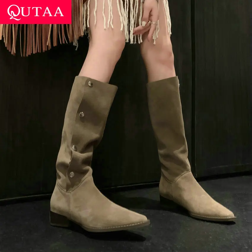 

QUTAA 2024 Punk Women Mid-Calf Boots Fashion Sewing Pointed Toe Low Heels Cow Suede Leather Rivet Shoes Woman Autumn Size 34-42