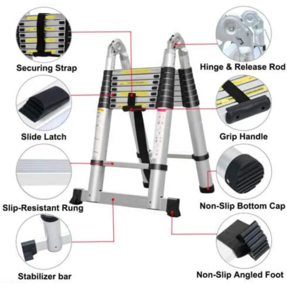 Scala telescopica in alluminio con telaio ad A con stabilizzatore, 16,5 piedi, piedini in gomma, supporta fino a 330 libbre, scala di estensione per carichi pesanti
