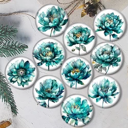 Flower Teal Watercolor 10pcs 12mm/16mm/18mm/25mm Round Photo Glass Cabochon Demo Flat Back Making findings
